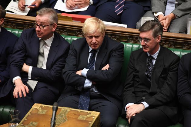 Britain's Prime Minister Boris Johnson, Chancellor of the Duchy of Lancaster Michael Gove (L), and leader of the House of Commons Jacob Rees-Mogg (R) attend in the House of Commons in London, Britain September 3, 2019. ©UK Parliament/Jessica Taylor/Handout via REUTERS ATTENTION EDITORS - THIS IMAGE WAS PROVIDED BY A THIRD PARTY
