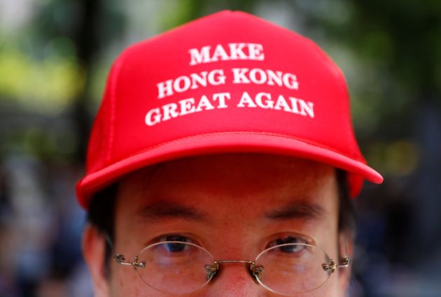 A protester is seen wearing a cap that reads, 'Make Hong Kong Great Again' in Central, Hong Kong, China September 8, 2019. REUTERS/Kai Pfaffenbach