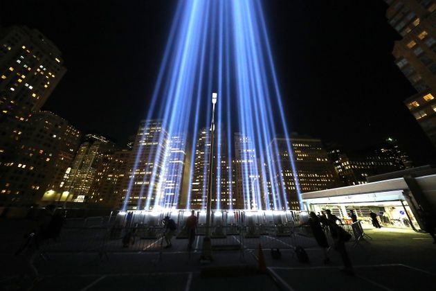 The Tribute in Light beams up into the New York City skyline from the rooftop of a garage in lower Manhattan on Sept. 5, 2018. (Photo: Gordon Donovan/Yahoo News)