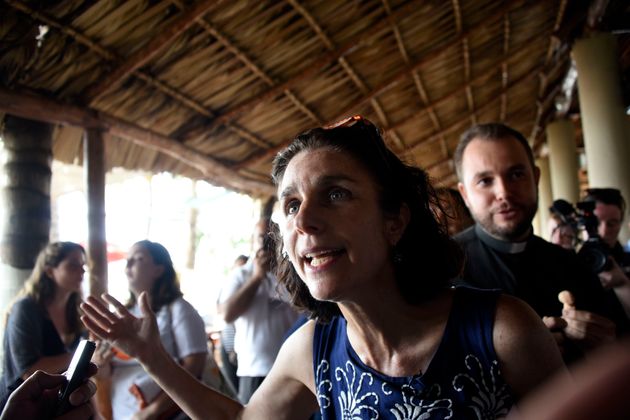 Rebecca Gomperts (R), founder of the Dutch organization Women on Waves, speaks after a press conference at the Pez Vela Marina in the port of San Jose, Escuintla department, 120 km south of Guatemala City, on February 23, 2017.
The organization's 'abortion ship' plans to stay off the shores of Guatemala five days, offering free abortions in international waters, despite a law that makes abortion illegal in this country except in cases where the mother's life is in danger.  / AFP / JOHAN ORDONEZ        (Photo credit should read JOHAN ORDONEZ/AFP/Getty Images)