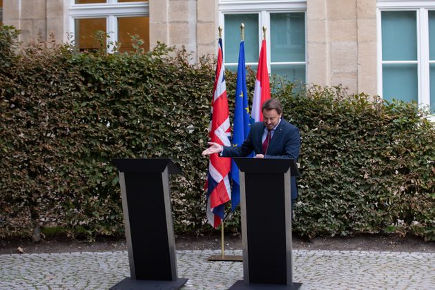 LUXEMBOURG, LUXEMBOURG - SEPTEMBER 16: Luxembourg Prime Minister Xavier Bettel speaks to the media following talks with British Prime Minister Boris Johnson on September 16, 2019 in Luxembourg, Luxembourg. Johnson met with European Commission President Jean-Claude Juncker for a working lunch earlier today. Johnson is pressing forward for a possible hard Brexit, though he has also been meeting with European leaders recently in an apparent effort to still strike a Brexit deal. (Photo by Joshua Sammer/Getty Images)