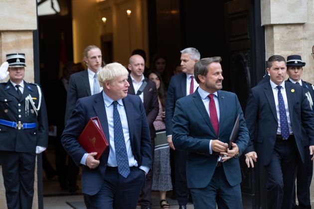 LUXEMBOURG, LUXEMBOURG - SEPTEMBER 16: British Prime Minister Boris Johnson (L) and Luxembourg's Prime Minister Xavier Bettel (R) depart after a Brexit meeting on September 16, 2019 in Luxembourg, Luxembourg. This is the first time Johnson is meeting with Bettel since Johnson became prime minister. Johnson is pressing forward for a possible hard Brexit, though he has been also meeting with European leaders recently in an apparent effort to still strike a Brexit deal. (Photo by Joshua Sammer/Getty Images)