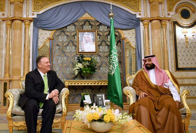 U.S. Secretary of State Mike Pompeo, left, meets with Saudi Arabia's Crown Prince Mohammed bin Salman in Jeddah, Saudi Arabia, on Wednesday, Sept 18, 2019. (Mandel Ngan/Pool Photo via AP)