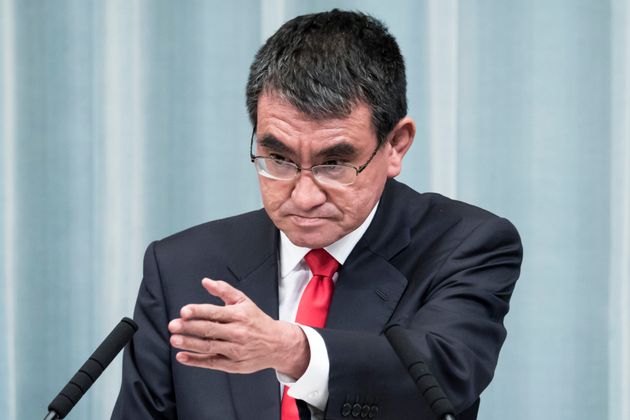 TOKYO, JAPAN - SEPTEMBER 11: Japan's newly appointed Defense Minister Taro Kono speaks during a press conference at the prime minister's official residence on September 11, 2019 in Tokyo, Japan. Prime Minister Shinzo Abe reshuffled his Cabinet and executives in the ruling Liberal Democratic Party today. (Photo by Tomohiro Ohsumi/Getty Images)