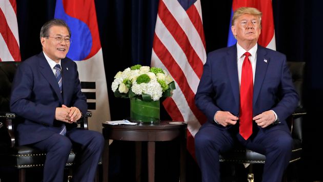 President Donald Trump meets with Korean President Moon Jae-in​ at the InterContinental Barclay hotel during the United Nations General Assembly, Monday, Sept. 23, 2019, in New York. (AP Photo/Evan Vucci)