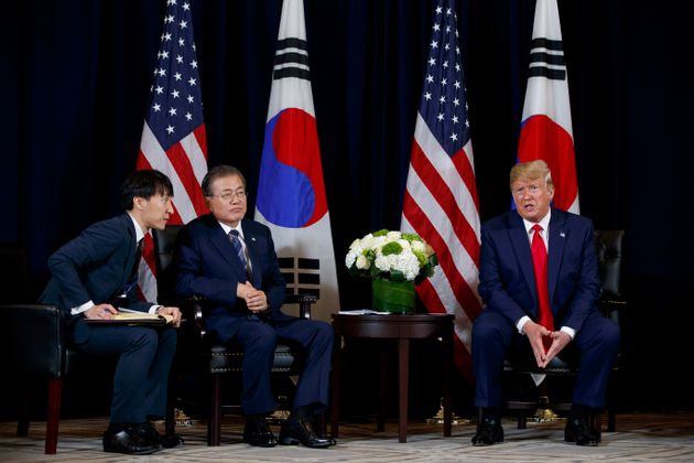 President Donald Trump meets with Korean President Moon Jae-in​ at the InterContinental Barclay hotel during the United Nations General Assembly, Monday, Sept. 23, 2019, in New York. (AP Photo/Evan Vucci)