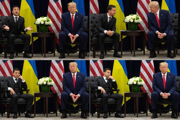 (COMBO) This combination of pictures created on September 26, 2019 shows
US President Donald Trump talking to Ukrainian President Volodymyr Zelensky during a meeting in New York on September 25, 2019, on the sidelines of the United Nations General Assembly. (Photos by SAUL LOEB / AFP)        (Photo credit should read SAUL LOEB/AFP/Getty Images)