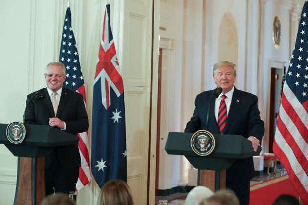 United States President Donald Trump and Australian Prime Minister Scott Morrison speak to the press in the East Room of the White House in Washington D.C., September 20, 2019. (Photo by Alex Ellinghausen/The Sydney Morning Herald via Getty Images)