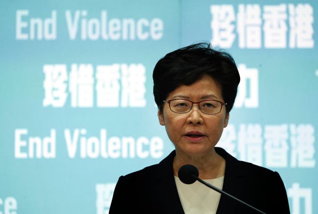 Hong Kong Chief Executive Carrie Lam speaks during a press conference held in Hong Kong on Friday, Oct. 4, 2019. Lam has banned protesters from wearing masks to conceal their identities in a hardening of the government's stance against the 4-month-old demonstrations. (AP Photo/Kin Cheung)