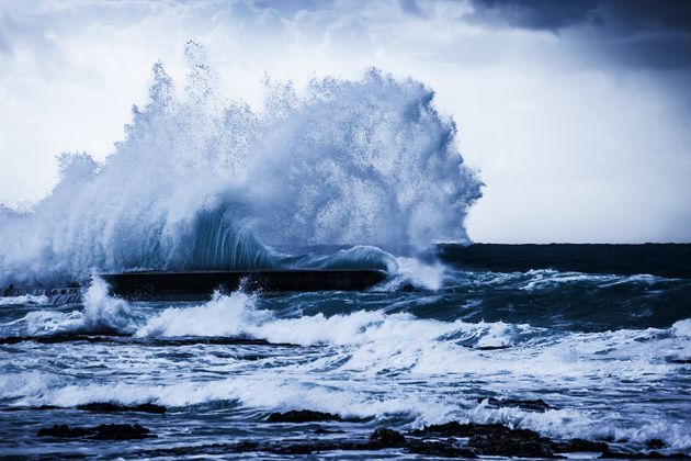 Stormy ocean waves, beautiful seascape, big powerful tide in action, storm weather in a deep blue sea, forces of nature, natural disaster