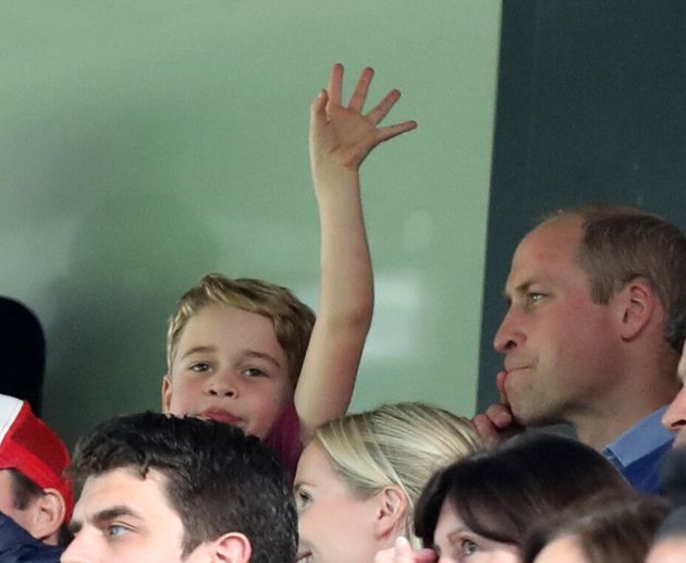 NORWICH, ENGLAND - OCTOBER 05: Prince George waving at Carrow Road as he watches with his father Prince William during the Premier League match between Norwich City and Aston Villa at Carrow Road on October 5, 2019 in Norwich, United Kingdom. (Photo by Mark Leech/Offside/Offside via Getty Images)