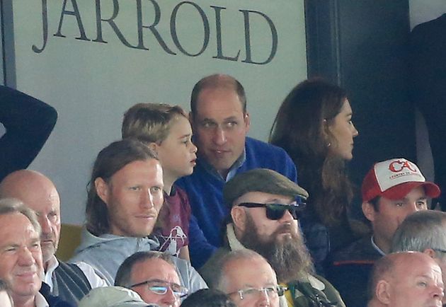 NORWICH, ENGLAND - OCTOBER 05: Prince George of Cambridge speaks to Prince William, Duke of Cambridge during the Premier League match between Norwich City and Aston Villa at Carrow Road on October 05, 2019 in Norwich, United Kingdom. (Photo by Stephen Pond/Getty Images)