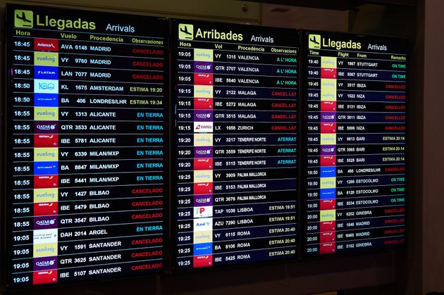 BARCELONA, SPAIN - OCTOBER 14: A flight info screen is seen at the Barcelona Airport as thousands of protestors block the access in a protest following the sentencing of nine Catalan separatist leaders on October 14, 2019 in Barcelona, Spain. Spain's Supreme Court has sentenced nine Catalan separatist leaders to between nine and 13 years in prison over their role in the 2017 Catalan independence referendum. (Photo by Alex Caparros/Getty Images)