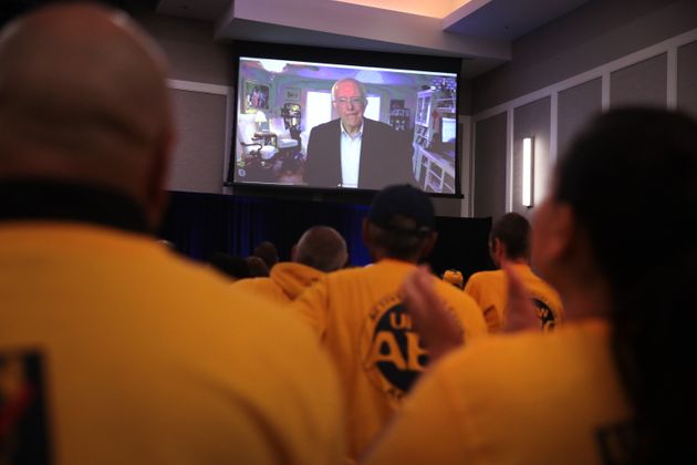 ALTOONA, IOWA - OCTOBER 13:  Democratic presidential candidate Sen. Bernie Sanders (I-VT) speaks via Skype at the United Food and Commercial Workers' (UFCW)  2020 presidential candidate forum  on October 13, 2019 in Altoona, Iowa. Sanders has been taking a break from campaigning,  resting at home following a recent heart attack. With 1.3 million members the UFCW is America's largest private sector union. The 2020 Iowa Democratic caucuses will take place on February 3, 2020, making it the first nominating contest in the Democratic Party presidential primaries (Photo by Scott Olson/Getty Images)