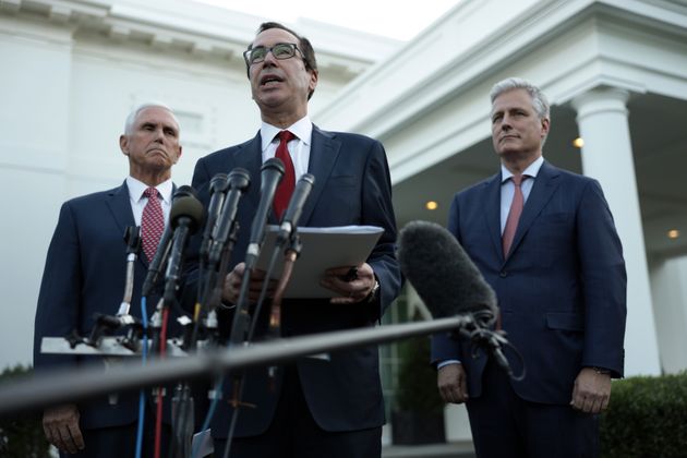 WASHINGTON, DC - OCTOBER 14:  U.S. Vice President Mike Pence, Secretary of the Treasury Steven Mnuchin and National Security Adviser Robert O’Brien brief members of the media outside the West Wing of the White House October 14, 2019 in Washington, DC. Pence told reporters that President Donald Trump talked to Turkish President Recep Tayyip Erdogan today and urged an immediate cease fire in Syria.  (Photo by Alex Wong/Getty Images)