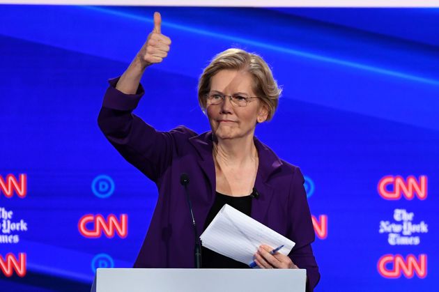 Democratic presidential hopeful Massachusetts Senator Elizabeth Warren gestures during the fourth Democratic primary debate of the 2020 presidential campaign season co-hosted by The New York Times and CNN at Otterbein University in Westerville, Ohio on October 15, 2019. (Photo by SAUL LOEB / AFP) (Photo by SAUL LOEB/AFP via Getty Images)