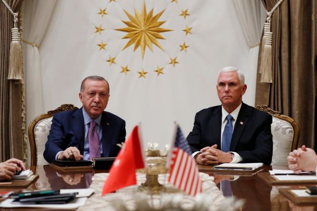 Vice President Mike Pence meets with Turkish President Recep Tayyip Erdogan at the Presidential Palace for talks on the Kurds and Syria, Thursday, Oct. 17, 2019, in Ankara, Turkey. (AP Photo/Jacquelyn Martin)