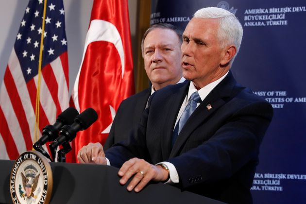 Vice President Mike Pence and Secretary of State Mike Pompeo hold a news conference at the Ambassador's residence after meeting with Turkish President Recep Tayyip Erdogan at the Presidential Palace, Thursday, Oct. 17, 2019, in Ankara, Turkey. (AP Photo/Jacquelyn Martin)