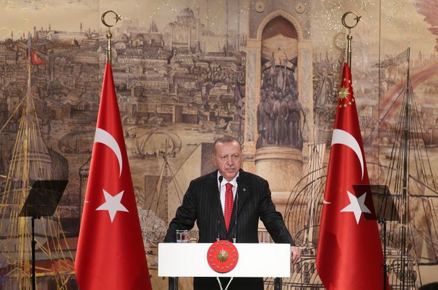 Turkish President Recep Tayyip Erdogan speaks to the foreign media, in Istanbul, Friday, Oct. 18, 2019. Turkey's president says his country 'cannot forget' the harshly worded letter from U.S. President Donald Trump about the Turkish military offensive into Syria. But he says the mutual 'love and respect' between the two leaders prevents him from keeping it on Turkey's agenda. (Presidential Press Service via AP, Pool)