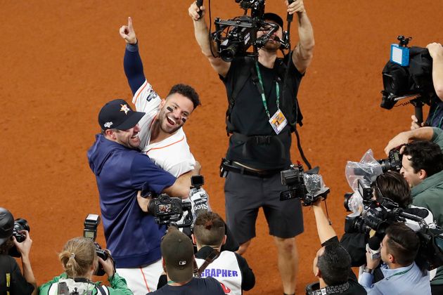 HOUSTON, TX - OCTOBER 19:  Justin Verlander #35 of the Houston Astros lifts Jose Altuve #27 in celebration after winning Game Six of the League Championship Series at Minute Maid Park on October 19, 2019 in Houston, Texas.  (Photo by Tim Warner/Getty Images)
