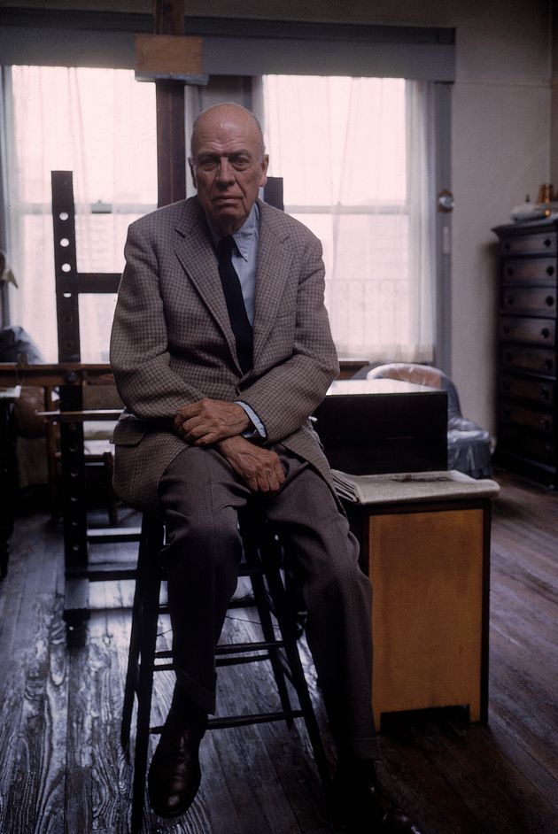 Portrait of painter Edward Hopper sitting on stool in his studio.  (Photo by John Loengard/The LIFE Picture Collection via Getty Images)