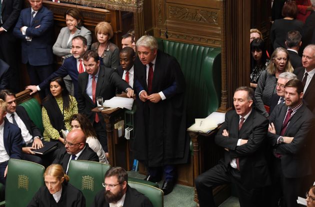 Britain's Speaker of the House of Commons John Bercow leans forward ahead of a vote on the prime minister's renegotiated Brexit deal, on what has been dubbed 'Super Saturday', in London, Britain October 19, 2019. ©UK Parliament/Jessica Taylor/Handout via REUTERS ATTENTION EDITORS - THIS IMAGE WAS PROVIDED BY A THIRD PARTY