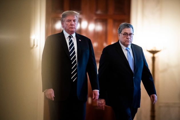 WASHINGTON, DC - MAY 22 : President Donald J. Trump and Attorney General William Barr arrive to participate in a Public Safety Officer Medal of Valor presentation ceremony in the East Room at the White House on Wednesday, May 22, 2019 in Washington, DC. (Photo by Jabin Botsford/The Washington Post via Getty Images)