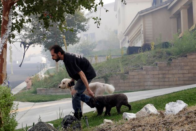 A resident evacuates with his dogs as a wildfire approaches Thursday, Oct. 24, 2019, in Santa Clarita, Calif. The flames are fed by dry winds that are predicted to strengthen throughout the day across the region. (AP Photo/Marcio Jose Sanchez)