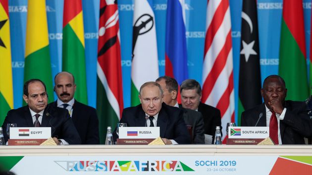 Egypt's President Abdel Fattah el-Sisi, Russia's President Vladimir Putin and South African President Cyril Ramaphosa attend a first plenary session of the 2019 Russia-Africa Summit at the Sirius Park of Science and Art in Sochi, Russia, October 24, 2019. Sergei Chirikov/Pool via REUTERS