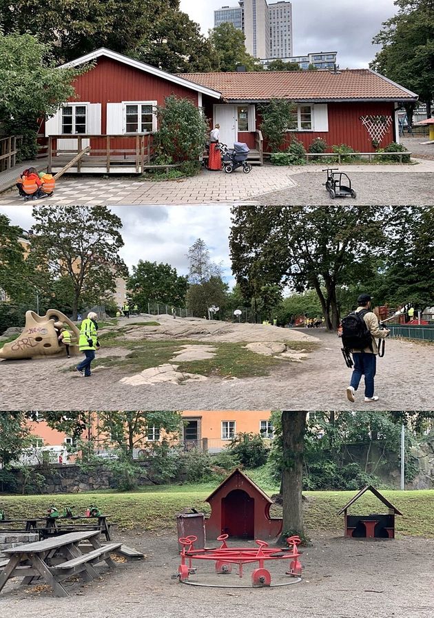 스톡홀름 쇠데말름에 있는 공원/놀이터를 찾은 아이들과 보육교사, 부모들.