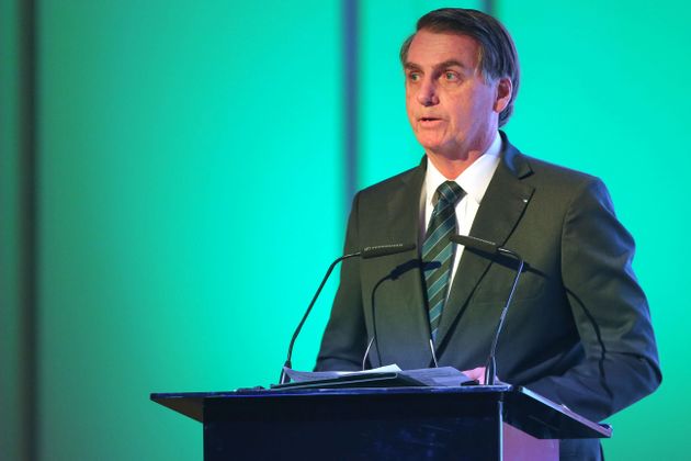 Brazilian President Jair Bolsonaro speaks during the Brazil-United Arab Emirates Business Forum in the Emirati capital Abu Dhabi, on October 27, 2019. (Photo by - / AFP) (Photo by -/AFP via Getty Images)