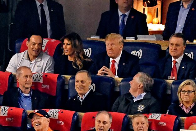 Oct 27, 2019; Washington, DC, USA; President Donald Trump and his wife Melania Trump watch game five of the 2019 World Series between the Houston Astros and the Washington Nationals at Nationals Park. Mandatory Credit: Tommy Gilligan-USA TODAY Sports