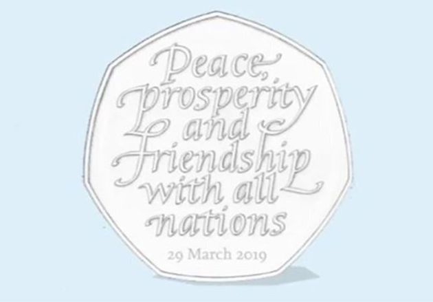 A mock of the new Brexit 50p, with the words 'peace, prosperity and friendship with all nations.