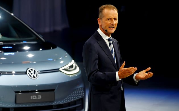 Herbert Diess, CEO of German carmaker Volkswagen AG, gestures in front of an ID.3 pre-production prototype during the presentation of Volkswagen's new electric car on the eve of the International Frankfurt Motor Show IAA in Frankfurt, Germany September 9, 2019. REUTERS/Ralph Orlowski?