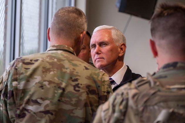 Vice President Mike Pence observes Abrams A1 live fire training on Fort Hood, Texas on Tuesday, Oct. 29, 2019. (Jeromiah Lizama/The Killeen Daily Herald via AP)