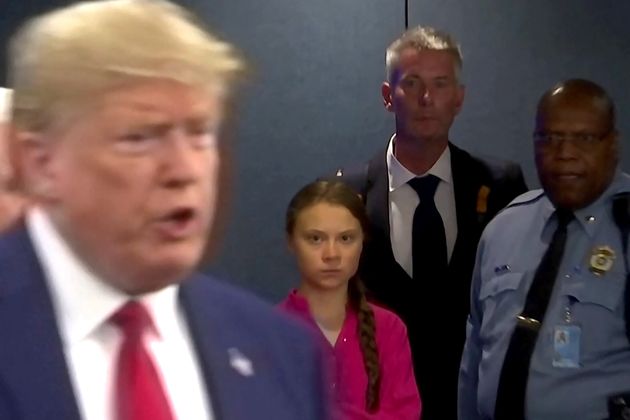 Swedish environmental activist Greta Thunberg watches as U.S. President Donald Trump enters the United Nations to speak with reporters in a still image from video taken in New York City, U.S. September 23, 2019.  REUTERS/Andrew Hofstetter     TPX IMAGES OF THE DAY