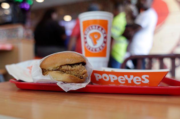 FILE - This Aug. 22, 2019, file photo shows a chicken sandwich at a Popeyes restaurant in Kyle, Texas. Police in Maryland say a man fatally stabbed another customer outside a Popeyes restaurant in a fight over cutting in line while waiting to buy the recently rereleased chicken sandwich at an Oxon Hill, Md., Popeyes on Monday night, Nov. 4, 2019. (AP Photo/Eric Gay, File)