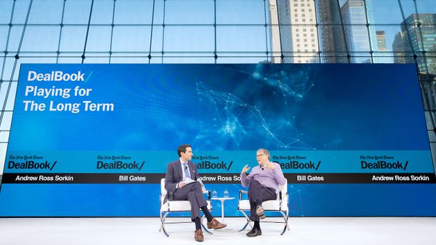 NEW YORK, NEW YORK - NOVEMBER 06: Andrew Ross Sorkin, Editor at Large, Columnist and Founder, DealBook, The New York Times speaks with Bill Gates, Co-Chair, Bill & Melinda Gates Foundation onstage at 2019 New York Times Dealbook on November 06, 2019 in New York City. (Photo by Michael Cohen/Getty Images for The New York Times)