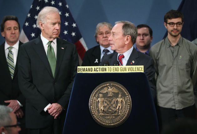 NEW YORK, NY - MARCH 21:  New York City Mayor Michael Bloomberg speaks to U.S. Vice President Joe Biden at a press conference for gun control reform on March 21, 2013 in New York City. The Vice President and Mayor Bloomberg were joined by family members of Sandy Hook shooting victims at the city hall event.  (Photo by John Moore/Getty Images)
