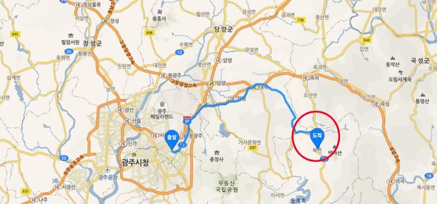 전라남도 화순군 북면에 있는 아산초등학교. 광주역에서 차로 50분 가량이 걸린다. 네이버 지도 캡처.