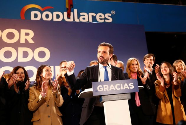 Spain's People's Party candidate Pablo Casado speaks to supporters at party headquarters during Spain's general election, in Madrid, Spain, November 10, 2019. REUTERS/Jon Nazca