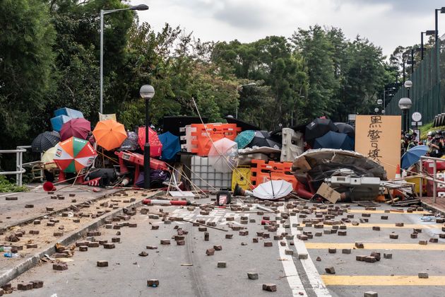 HONG KONG, CHINA - November 12: A barricade is seen during a demonstration at Chinese University of Hong Kong on November 12, 2019 in Hong Kong, China. Anti-government protesters organized a general strike since Monday as demonstrations in Hong Kong stretched into its sixth month with demands for an independent inquiry into police brutality, the retraction of the word 'riot' to describe the rallies, and genuine universal suffrage. (Photo by Anthony Kwan/Getty Images)