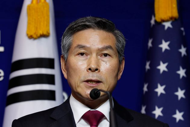 SEOUL, SOUTH KOREA - NOVEMBER 15: South Korean Defense Minister Jeong Kyeong-doo attends the press conference after the 51st Security Consultative Meeting (SCM) at Defense Ministry on November 15, 2019 in Seoul, South Korea. The Pentagon chief is visiting South Korea as a part of his tour of the Asia-Pacific regions. (Photo by Jeon Heon-Kyun-Pool/Getty Images)