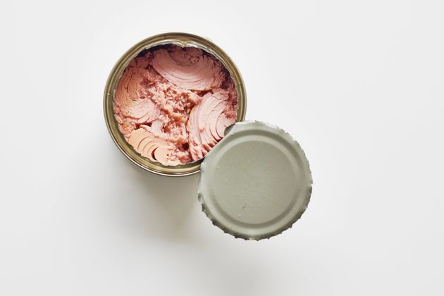 Opened can of Tuna fish against a plain white background.