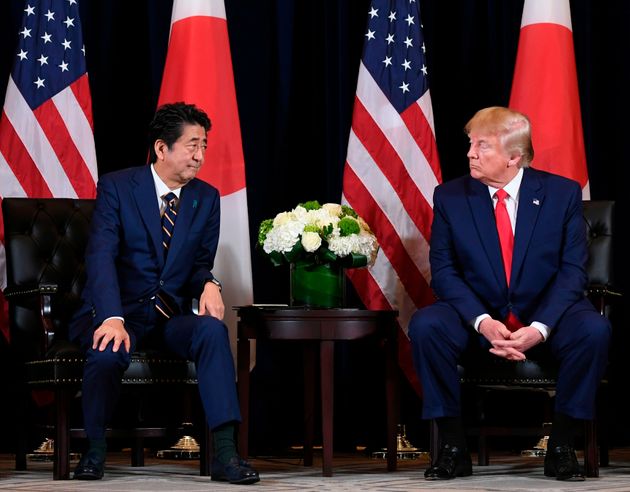 US President Donald Trump and Japanese Prime Minister Shinzo Abe hold a meeting in New York, September 25, 2019, on the sidelines of the United Nations General Assembly. (Photo by SAUL LOEB / AFP)        (Photo credit should read SAUL LOEB/AFP via Getty Images)