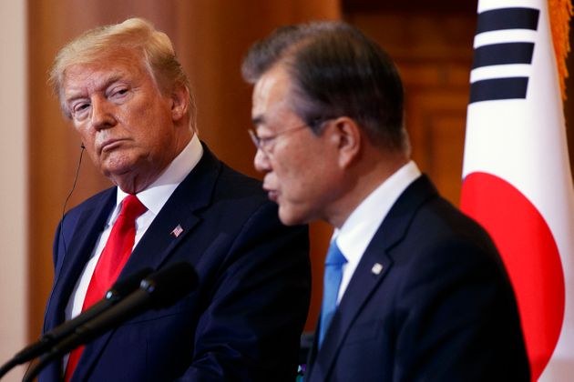 US President Donald Trump and South Korean President Moon Jae-in attend a press conference at the Blue House in Seoul on June 30, 2019. (Photo by Jacquelyn Martin / POOL / AFP)        (Photo credit should read JACQUELYN MARTIN/AFP via Getty Images)