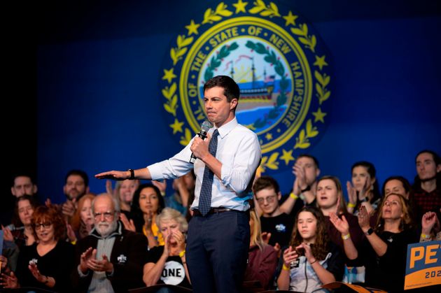 Democratic presidential hopeful Mayor Pete Buttigieg speaks as he kicks off his bus tour with a town hall at the recently renovated Rex Theatre in Manchester, New Hampshire on November 8, 2019. (Photo by JIM WATSON / AFP) (Photo by JIM WATSON/AFP via Getty Images)