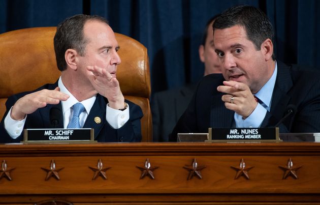 Chairman Adam Schiff (L), Democrat of California, and Ranking Member Devin Nunes (R), Republican of California, during the first public hearings held by the House Permanent Select Committee on Intelligence as part of the impeachment inquiry into U.S. President Donald Trump, with witnesses Ukrainian Ambassador William Taylor and Deputy Assistant Secretary George Kent testifying, on Capitol Hill in Washington, DC, U.S., November 13, 2019.    Saul Loeb/Pool via REUTERS