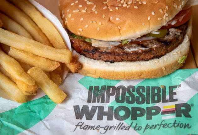 NEW YORK, NY - AUGUST 8: In this photo illustration, the new Impossible Whopper sits on a table on August 8, 2019 in the Brooklyn borough of  New York City. On Thursday, Burger King is launching its soy-based Impossible Whopper at locations nationwide. The meatless patties are produced by California tech startup Impossible Foods. A single Impossible Whopper sandwich costs $5.99. (Photo by Drew Angerer/Getty Images)