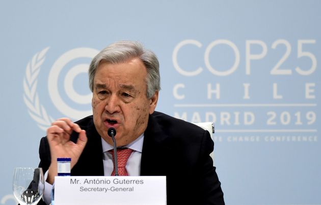 United Nations Secretary-General Antonio Guterres gives a press conference, at the 'IFEMA - Feria de Madrid' exhibition centre, in Madrid, on December 1, 2019, on the eve of the opening of the UN Climate Change Conference COP25. - Spain's Socialist government offered to host this year's UN climate conference, known as COP25, from December 2 to December 13, 2019, after the event's original host Chile withdrew last month due to deadly riots over economic inequality. Spanish authorities expect some 25,000 participants and 1,500 journalists from around the world to attend the two-week gathering in Madrid. (Photo by CRISTINA QUICLER / AFP) (Photo by CRISTINA QUICLER/AFP via Getty Images)